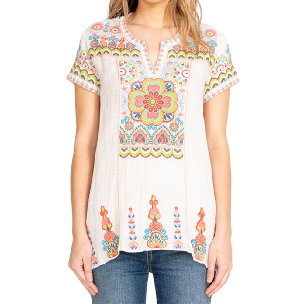 Nwt Johnny Was Tamia Boho Drape Top Size Xs White Embroidered Bohemian Tunic New